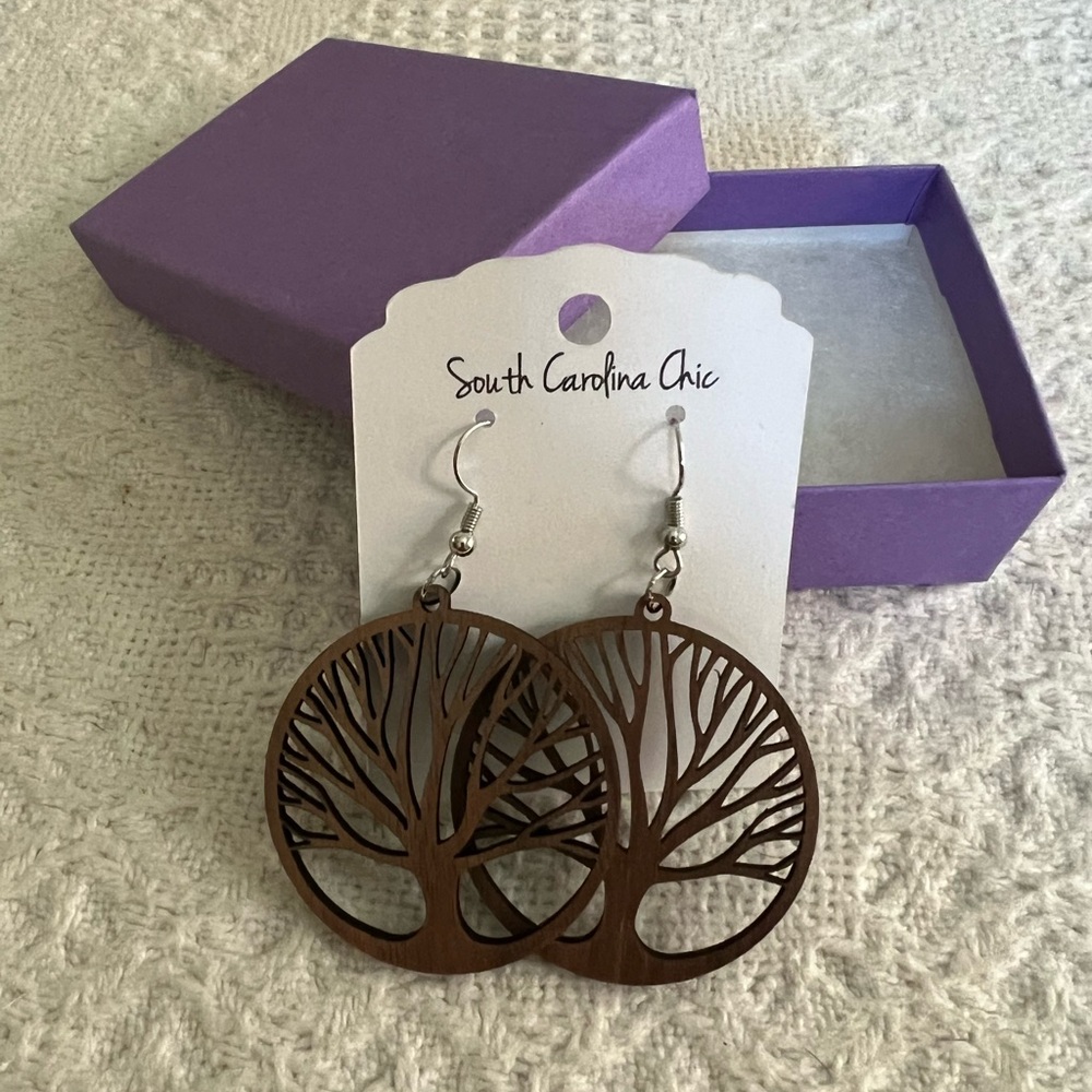 Tree of Life woodcut pierced earrings